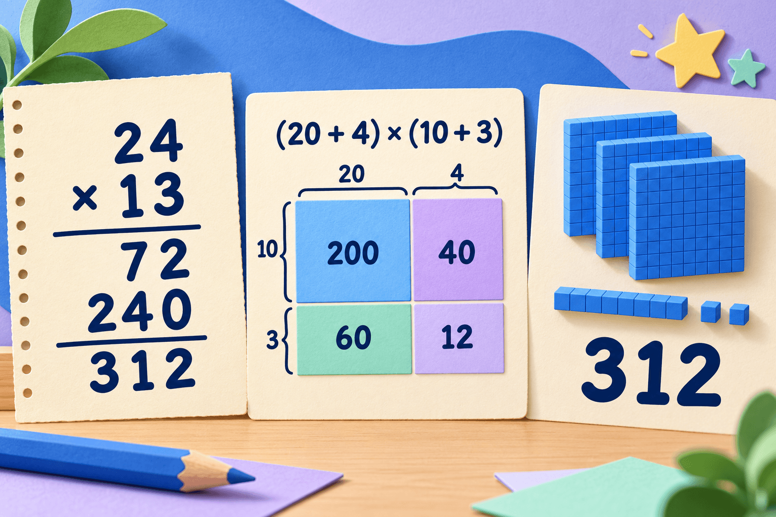 The multiplication 24 times 13 is shown as partial products 72 and 240, an area model, and the answer 312.