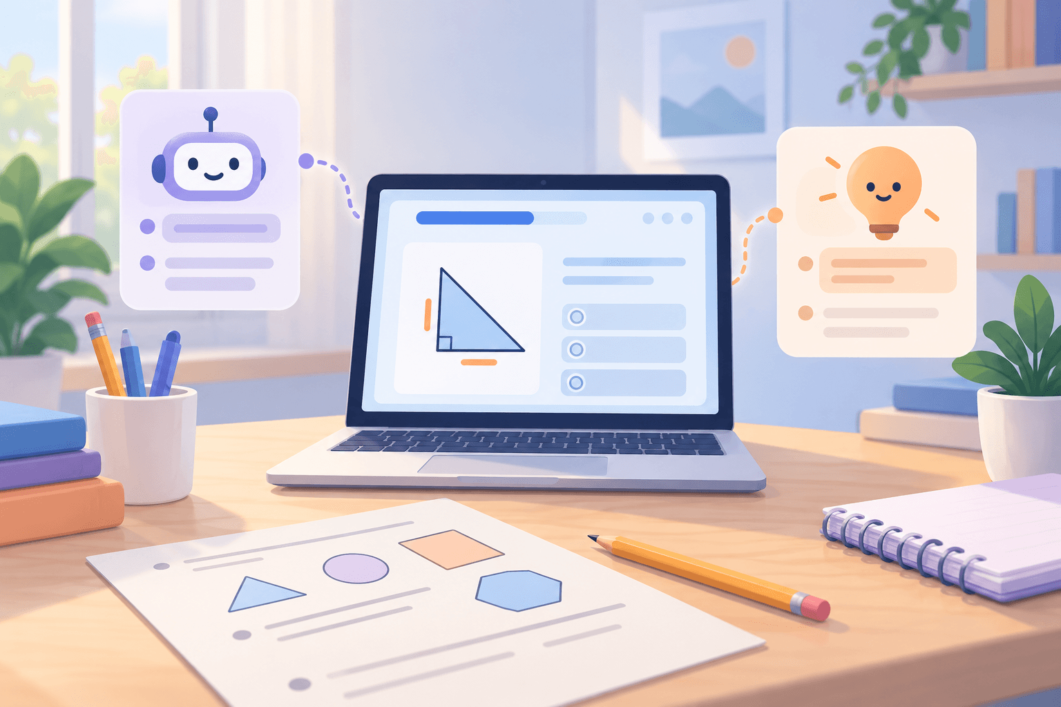 A math lesson on a laptop with two separate assistant cards